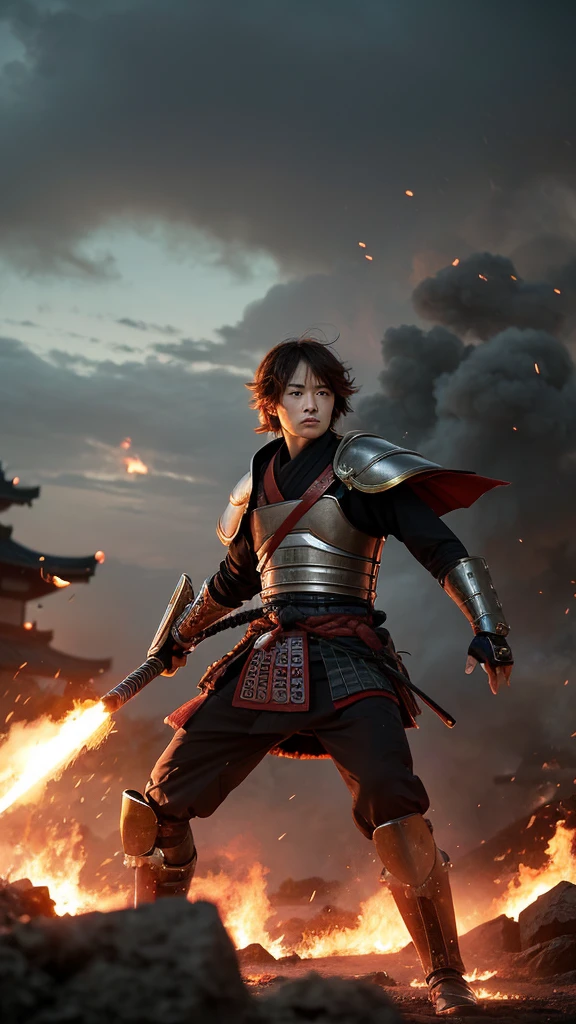 title: 「Torii Gouemon、Run on the battlefield」
content: Set on the desolate battlefields of the Sengoku period、Torii Gouemonが一隊の足軽を率いて勇猛に進軍する場面を描写してください。He wore samurai armor、In his hand he holds a sharp spear。Those eyes are filled with determination and strength.、I can feel their determination to face the enemy.。Around him、The foot soldiers, also armed, followed his orders.、We are moving forward together as one。In the background, the flames of war are raging、The scene of a chaotic battlefield is spreading。The weather is cloudy、Heavy clouds cover the sky、It enhances the atmosphere of the battlefield.。