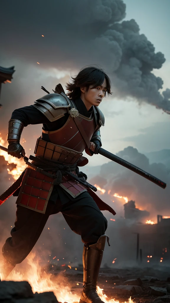 title: 「Torii Gouemon、Run on the battlefield」
content: Set on the desolate battlefields of the Sengoku period、Torii Gouemonが一隊の足軽を率いて勇猛に進軍する場面を描写してください。He wore samurai armor、In his hand he holds a sharp spear。Those eyes are filled with determination and strength.、I can feel their determination to face the enemy.。Around him、The foot soldiers, also armed, followed his orders.、We are moving forward together as one。In the background, the flames of war are raging、The scene of a chaotic battlefield is spreading。The weather is cloudy、Heavy clouds cover the sky、It enhances the atmosphere of the battlefield.。
