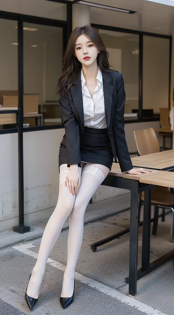 best qualtiy, Full body like，Refined face，pretty  face，25 years old woman，slimfigure，Smaller bust，office lady uniform，Office wear，white stockings，Outdoor scene，Sit Pose，yellow long hair