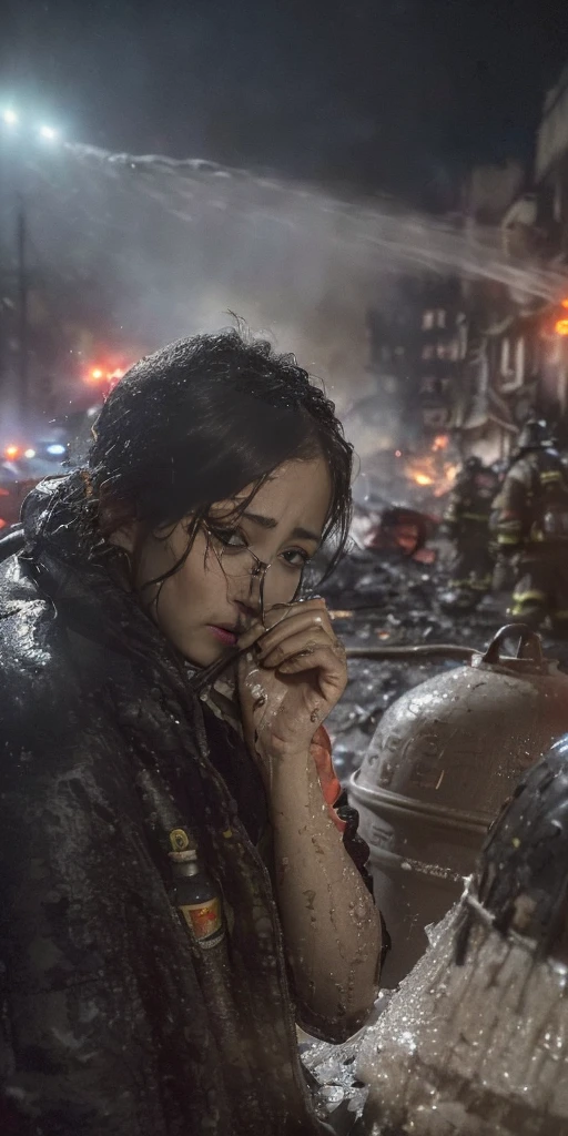 ((A sitting in the street feeling cold crying, teary hinged eyes, sadness cute face 🥺 )), the background of ((a burnt flat ruined and an ambulance, p((olice people turning to extinguish the fire with water buckets, night, police lights, smoke outside the destroyed house, flames))