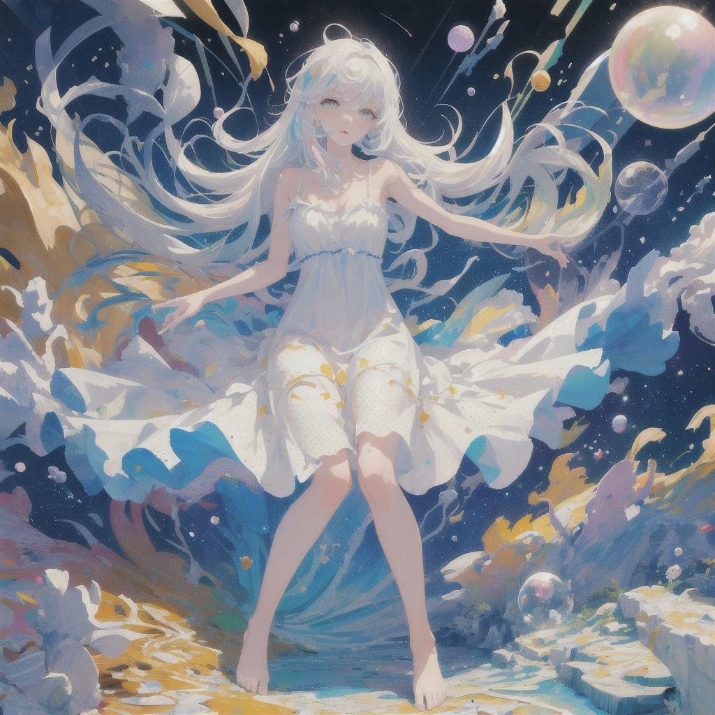 (masterpiece, best quality:1.2), (ultra detailed),(illustration), wallpaper, original,
1girl, messy white hair, spaghetti strap, white dress, bare legs, bare feet, bare arms, space, Earth background, near-earth orbit, full body,
,(surrounded by colorful splashes and dot),colorful bubble,(shining)