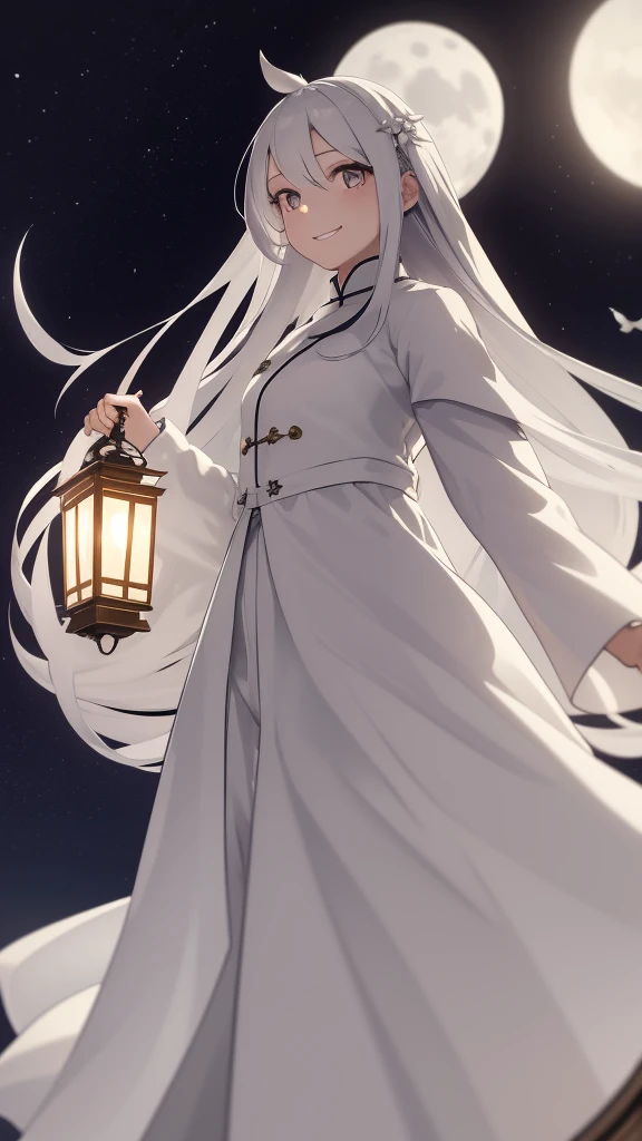 1 girl, silver hair, white eyes, white skin, smile, long hair, flying, floating in the air, white sheet, white cloak, holding a lantern, Chinese lantern, night, moon