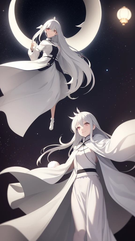 1 girl, silver hair, white eyes, white skin, smile, long hair, flying, floating in the air, white sheet, white cloak, holding a lantern, Chinese lantern, night, moon