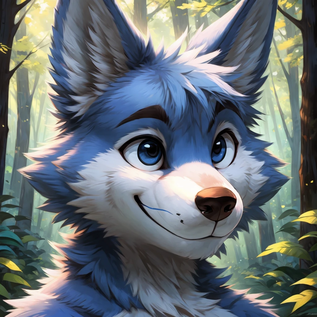 a anthropomorphic blue colored fur wolf, closed smile, headshot, high quality furry art, cute, forest background.