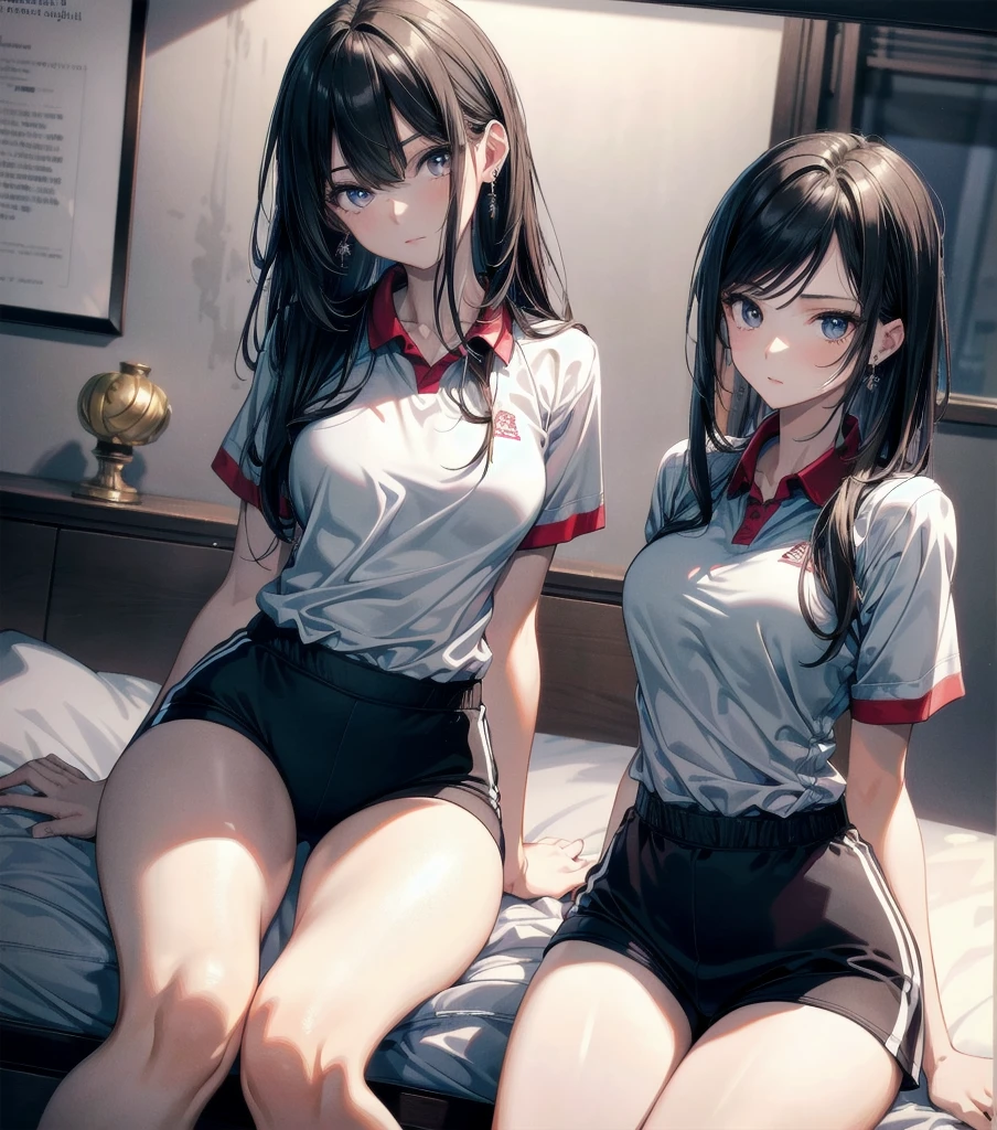 absurdres, RAW photo, extremely delicate and beautiful, masterpiece, Best Quality, ultra high resolution, 32k, hyperrealistic, ultra-detailed, Very detailed CG 8k wallpaper, Beautiful Lighting, Perfect Lightning, Realistic Shadows, perfect anatomy, super Detailed skin, Japanese woman, late 20s, very Slim body, narrow waist, very small head, handsome detailed woman, very detailed eyes and face, realistic face proportions, Stunning detailed eyes, Realistic beautiful face, very small face, Realistic small beautiful eyes, tearful mole, earring, beautiful and very thin legs, beautiful and very thin thighs, very huge round breasts, medium hair, black hair, full body shot, (volleyball uniform:1.2), (shorts), bed,
