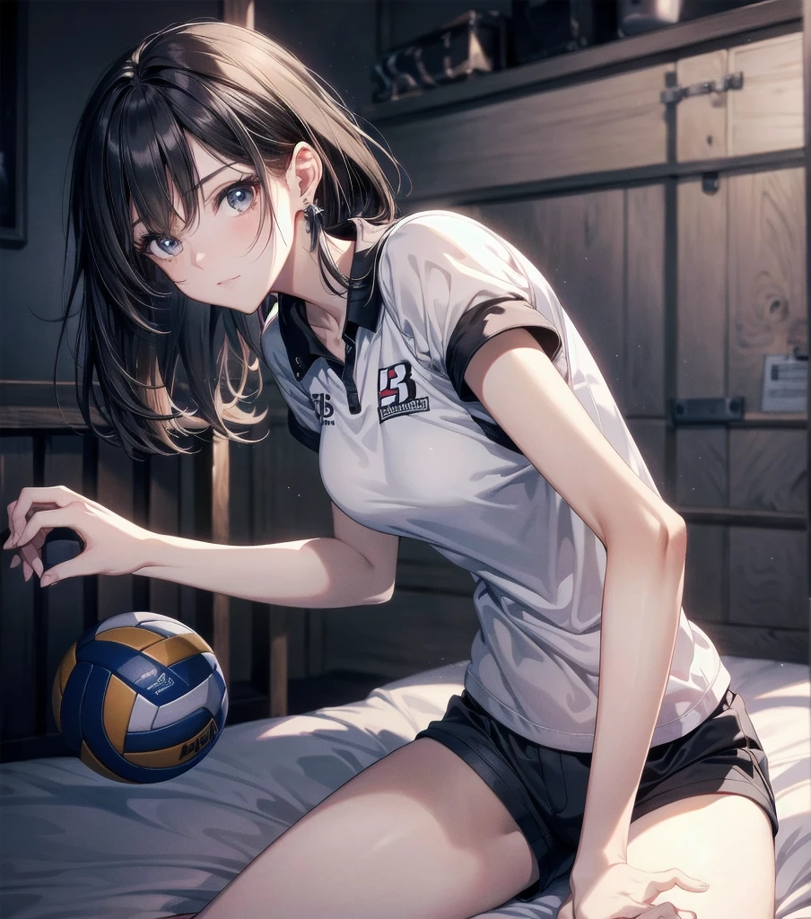 absurdres, RAW photo, extremely delicate and beautiful, masterpiece, Best Quality, ultra high resolution, 32k, hyperrealistic, ultra-detailed, Very detailed CG 8k wallpaper, Beautiful Lighting, Perfect Lightning, Realistic Shadows, perfect anatomy, super Detailed skin, Japanese woman, late 20s, very Slim body, narrow waist, very small head, handsome detailed woman, very detailed eyes and face, realistic face proportions, Stunning detailed eyes, Realistic beautiful face, very small face, Realistic small beautiful eyes, tearful mole, earring, beautiful and very thin legs, beautiful and very thin thighs, very huge round breasts, medium hair, black hair, full body shot, (volleyball uniform:1.2), (shorts), bed,