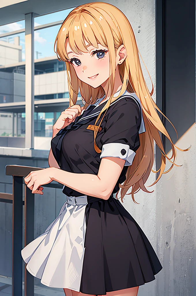 Look at viewer, sweet smile, breasts, dress, at school, blonde hair