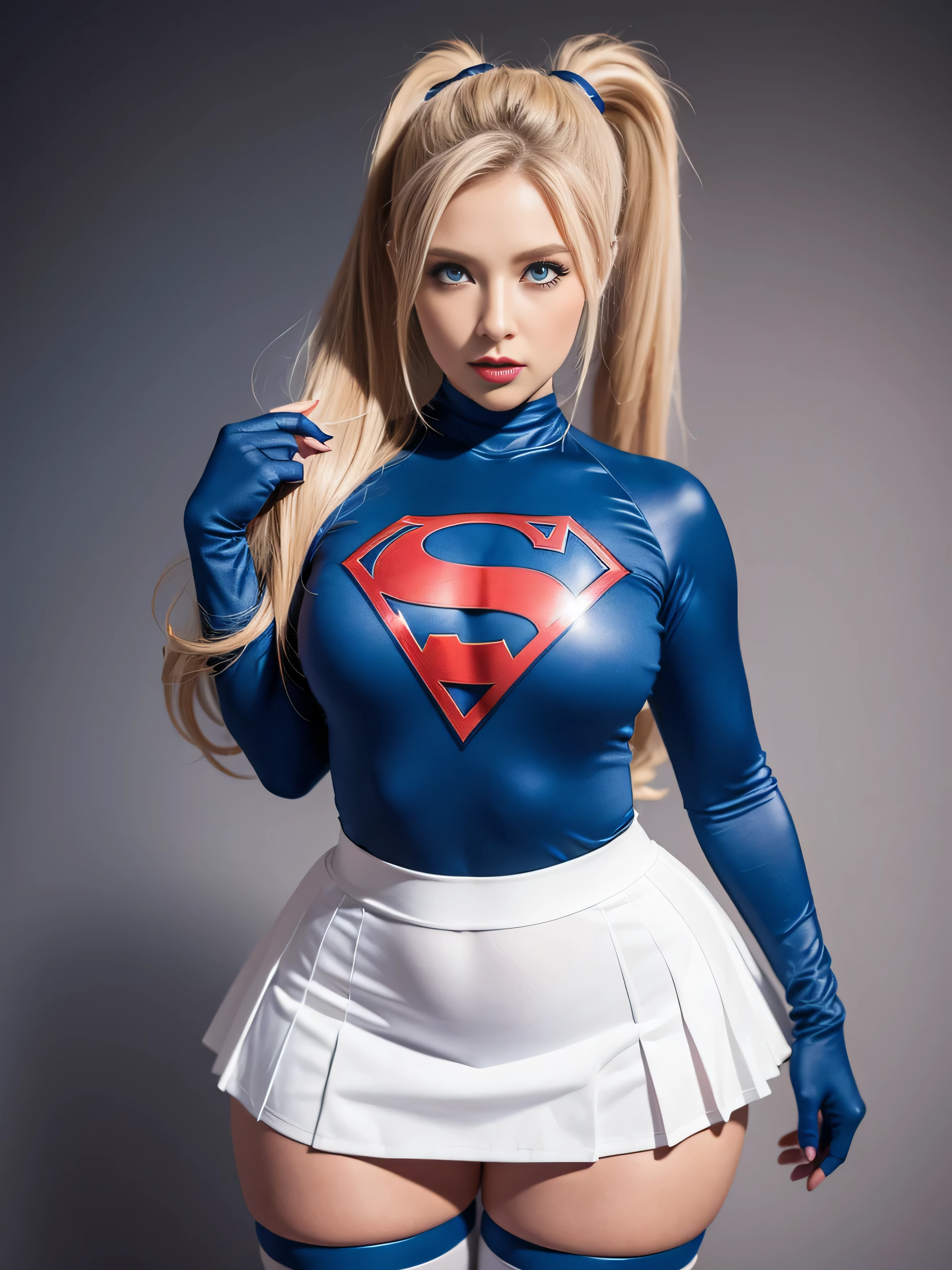 4k, realistic, charismatic, very detailed, there is a girl in the sky, dressed in a super girl costume, she is a super girl, superhero theme, blonde large hair, ponytail, 20 years, full body, (detail in the eyes), (detail in the face), incredibly beautiful, blue eyes, blush, makeup, red lipstick, miniskirt, (wide hips),  (thick thighs), small breasts, dress,, seductive pose, (extreme hourglass figure), thin, svelte, white skirt, boots, tight t-shirt, ((pleated mini skirt))