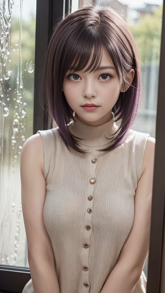 (masterpiece), (best quality), Ultra-high resolution, Raw photo, A photo-realistic, ((Looking outside by the window on a rainy day)), super cute woman, 1girl, (perfect face:1.2), (beautiful face:1.2), (((pale purple hair))), long hair, (upper body:1.3), happy, light smile, (looking out the window:1.4), pose, sheer turtleneck shirt, sleeveless shirt, indoors, morning time, intricate, depth of field, cinematic lighting,