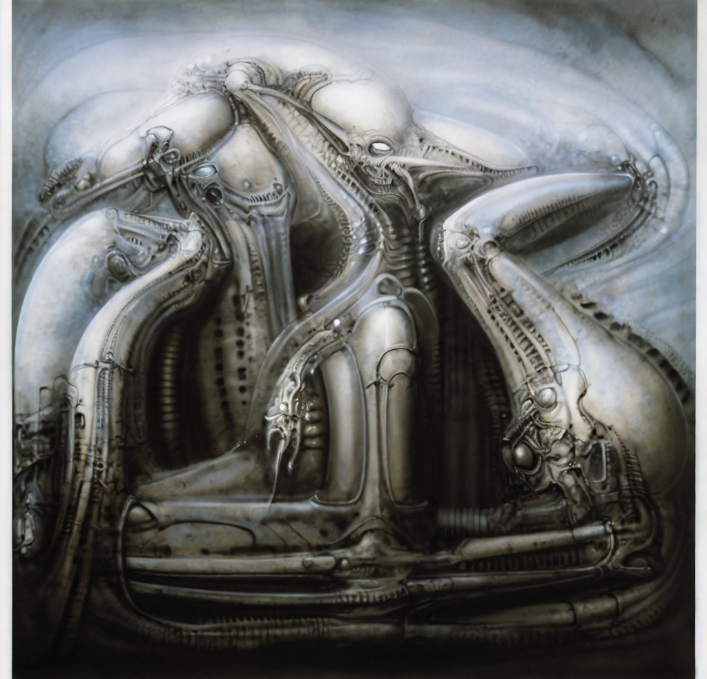 Giger_style, The image is a detailed view of H.R. Giger's \" Landscape XVI \" plate, featuring a complex network of bones and organs in a purple-brown hue ,swirling gray and brown colors. The artwork is silver and purplish brown, with an ivory bones prominently displayed. The image is highly detailed and intricate, almost like a 3d version of a medical sketch.
The piece is a tableau, most likely created with a India ink pen or pencil on paper, determined by the thin lines, shading techniques, and the texture of the paper, which is visible around the edges. Used is pen, given the shading and variations in line weight visible in the image. One have used a variety of pencils with different degrees of hardness to achieve the shading effects.

The style  is clearly biomechanical. Features combination of organic and mechanical forms. Mechanical elements dominate the composition, there are subtle organic hints. The use of undersaturated purple-grays dark contrasts creates a stark and graphic look. Is used a variety of linework techniques to create different textures. Fine, parallel lines create a smooth, metallic texture,while thicker, more cursive lines suggest cables or wires. Machines fills most, with its central cylindric structure acting as the focal point. Parallel lines emanating from this central structure used to create a sense of depth and movement. Being overwhelmingly mechanical, there are subtle suggestions of organic forms.

The art performance showcases the artist’s skills in observation and rendering. The level of detail in the piece suggests a close study of real bone specimens and anatomy. The artist has skillfully used shading techniques to create a convincing illusion of three-dimensionality on a flat surface.The wrinkles and cracks in the surface, and the cast shadows with accuracy, used shading techniques to create a realistic depiction of light and shadow on the objects. This creates a sense of depth and dimension in the image