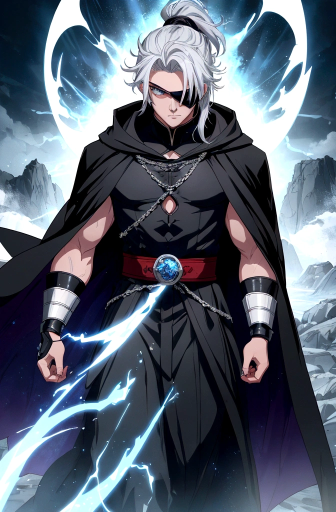 Anime character, a man, medieval era. Young man, 20 years old, large body, cold gaze, cold expression, white skin, short messy gray hair, ponytail, left eye patch, black clothes, black shirt, dark cape with hood, chains. frontal camera. Walking in a sea of blood. Three moons shining high in the sky, purple, red and blue. White electricity emanating from his body, black electricity emanating from his left hand. Right eye shining in a white ray. Thunderous white lightning. (best quality, 4k, 8k, high resolution, masterpiece: 1.2), vibrant, ultra-detailed colors, chiaroscuro lighting, dramatic pose, intricate details, fantasy, mystical, powerful