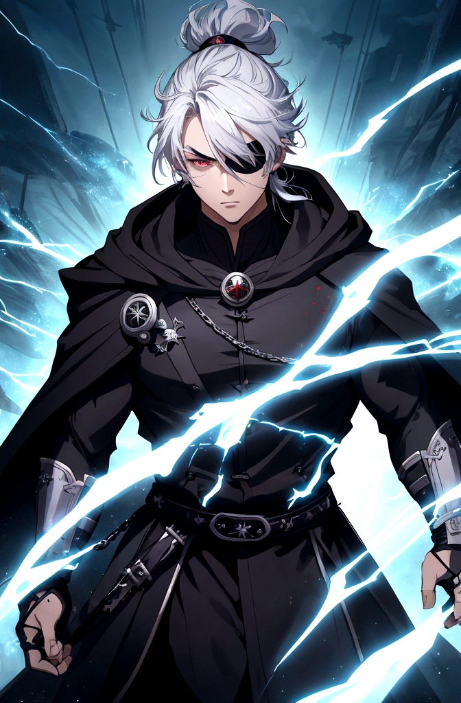 Anime character, a man, medieval era. Young man, 20 years old, large body, cold gaze, cold expression, white skin, short messy gray hair, ponytail, left eye patch, black clothes, black shirt, dark cape with hood, chains. frontal camera. Walking in a sea of blood. Three moons shining high in the sky, purple, red and blue. White electricity emanating from his body, black electricity emanating from his left hand. Right eye shining in a white ray. Thunderous white lightning. (best quality, 4k, 8k, high resolution, masterpiece: 1.2), vibrant, ultra-detailed colors, chiaroscuro lighting, dramatic pose, intricate details, fantasy, mystical, powerful