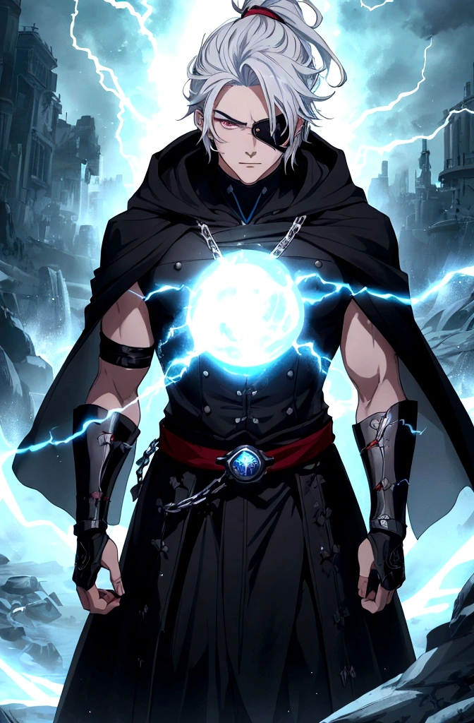 Anime character, a man, medieval era. Young man, 20 years old, large body, cold gaze, cold expression, white skin, short messy gray hair, ponytail, left eye patch, black clothes, black shirt, dark cape with hood, chains. frontal camera. Walking in a sea of blood. Three moons shining high in the sky, purple, red and blue. White electricity emanating from his body, black electricity emanating from his left hand. Right eye shining in a white ray. Thunderous white lightning. (best quality, 4k, 8k, high resolution, masterpiece: 1.2), vibrant, ultra-detailed colors, chiaroscuro lighting, dramatic pose, intricate details, fantasy, mystical, powerful