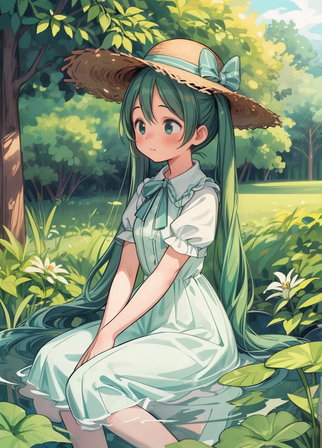 (masterpiece、Highest quality、Highest quality、Official Art、Beautiful and beautiful:1.2)、(One girl:1.3)Hatsune Miku、Twin tails,Beautiful breasts,Anne of Green Gables、Straw hat、Pigtails、Girl、literature、correct