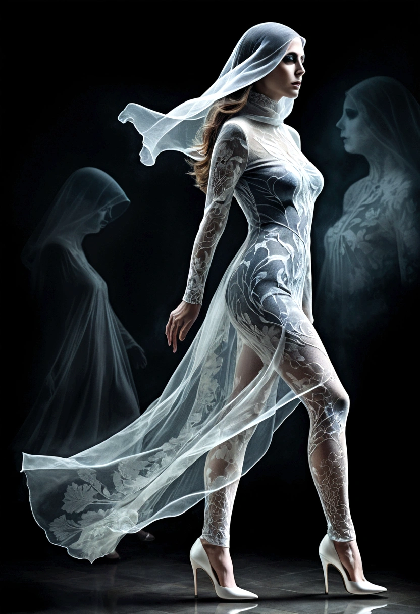 photoillustration of double exposure, a lady, a ghost-maiden (transparency effect of a ghost-spirit images facing on her), seamless mix, texture and pattern, ((transparency effect 0.75)), iconic walking stance, high heels, dramatic shadows, dramatic lights, interlacing elements, transparent image facing on her, left side view, fantasy art, two tones, opposite-opponent digital manipulated photo art, hyper-realistic, ultra-detailed, crisp clarity, high-contrast, luminous ambiance, rich textures, intricate patterns, vivid colors, cinematic lighting, photorealistic, accurate anatomical proportions.