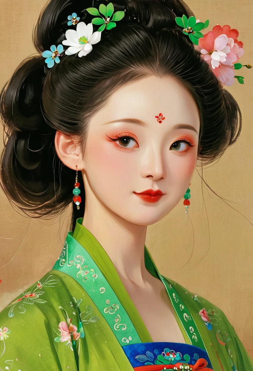 a close up of a woman in a green dress with a flower in her hair, palace , a girl in hanfu, ancient chinese princess, chinese princess, ancient chinese beauties, ancient china art style, ancient asian dynasty princess, wearing ancient chinese clothes, beautiful character painting, by Qu Leilei, inspired by Qiu Ying, chinese painting style, by Li Fangying