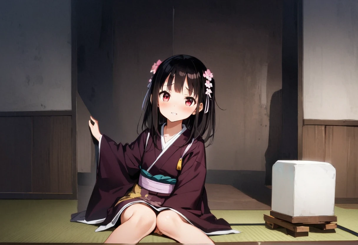 looking back at viewer、Zashiki-warashi、Japanese style、Shoji screen、tatami、Haunted House、darkness、Late Night、kimono、Bob、Girl、Girl、Younger、Baby Face、flat chest、Black Long Hair、Dynamic Angle、Innocence、Pure、Embarrassed、ball、Flower Hair Ornaments、Geta or bare feet