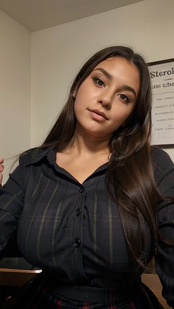 14 year old school girl with big breasts and bum and hips and long brunet hair and is wearing a dark grey tartan box pleat skirt and a wight blouse with a black girls school jumper and has loads of makeup on and is wereing sùper dark fake tan