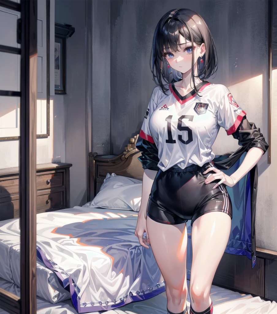 absurdres, RAW photo, extremely delicate and beautiful, masterpiece, Best Quality, ultra high resolution, 32k, hyperrealistic, ultra-detailed, Very detailed CG 8k wallpaper, Beautiful Lighting, Perfect Lightning, Realistic Shadows, perfect anatomy, super Detailed skin, Japanese woman, late 20s, very Slim body, narrow waist, very small head, handsome detailed woman, very detailed eyes and face, realistic face proportions, Stunning detailed eyes, Realistic beautiful face, very small face, Realistic small beautiful eyes, tearful mole, earring, beautiful and very thin legs, beautiful and very thin thighs, very huge round breasts, medium hair, black hair, full body shot, (volleyball uniform:1.2), (shorts), bed,