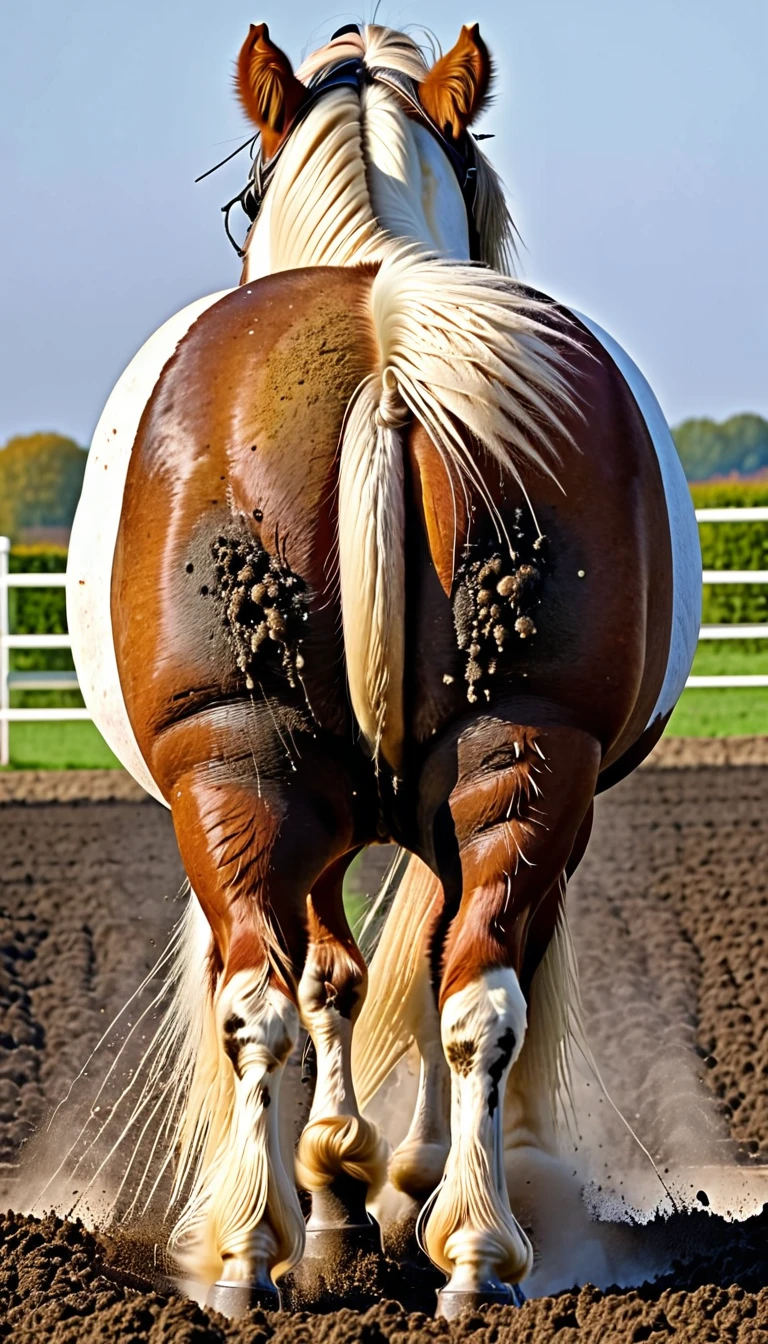 full rear view of large fat hairy Belgian draft horse stallion with lumps of horse dung oozing out of the centre of a big   bum under tail. facing away from view point - towards horizon. wide open rectum and anus in full view. tail to left side. ((masterpiece)), ((best quality)), ((highres)), ((extremely detailed)), ((close  shot, back view)), (super realistic) . anatomically correct. horse surrounded by lumps of steaming dung
