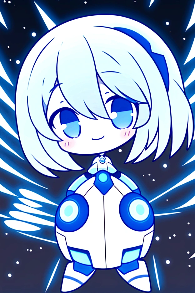 Robot girl, she herself is white and blue, she has short white hair down to her shoulders, she also has blue eyes, instead of ears she has mechanical rays of white and blue colors, she has a smile on her face, and also it is hollow.