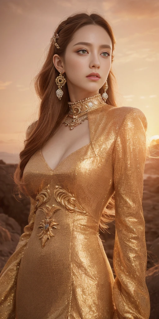 (absurdres, highres, ultra detailed), 1girl, zodiac sign - Aries goddess , solo, mature, Baroque, long dress, long sleeve, elegant, colorful, highest detailed, upper body , sunset hair . Fire eyes . Brave, willful, productive, enterprising humanitarian face .