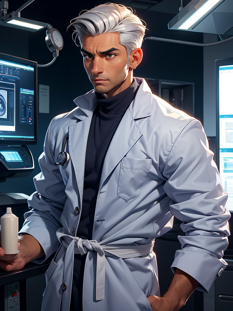 (best quality), 1boy, mature man, 34 years old, tanned skin, silver hair, medium hair, hair loosely combed back, brown eyes, perfect eyes, muscular, handsome, small waist, strong jawline, cold expression, doctor coat, scrubs, surgical mask, fully clothed, clean face, masterpiece, anatomically correct, highres