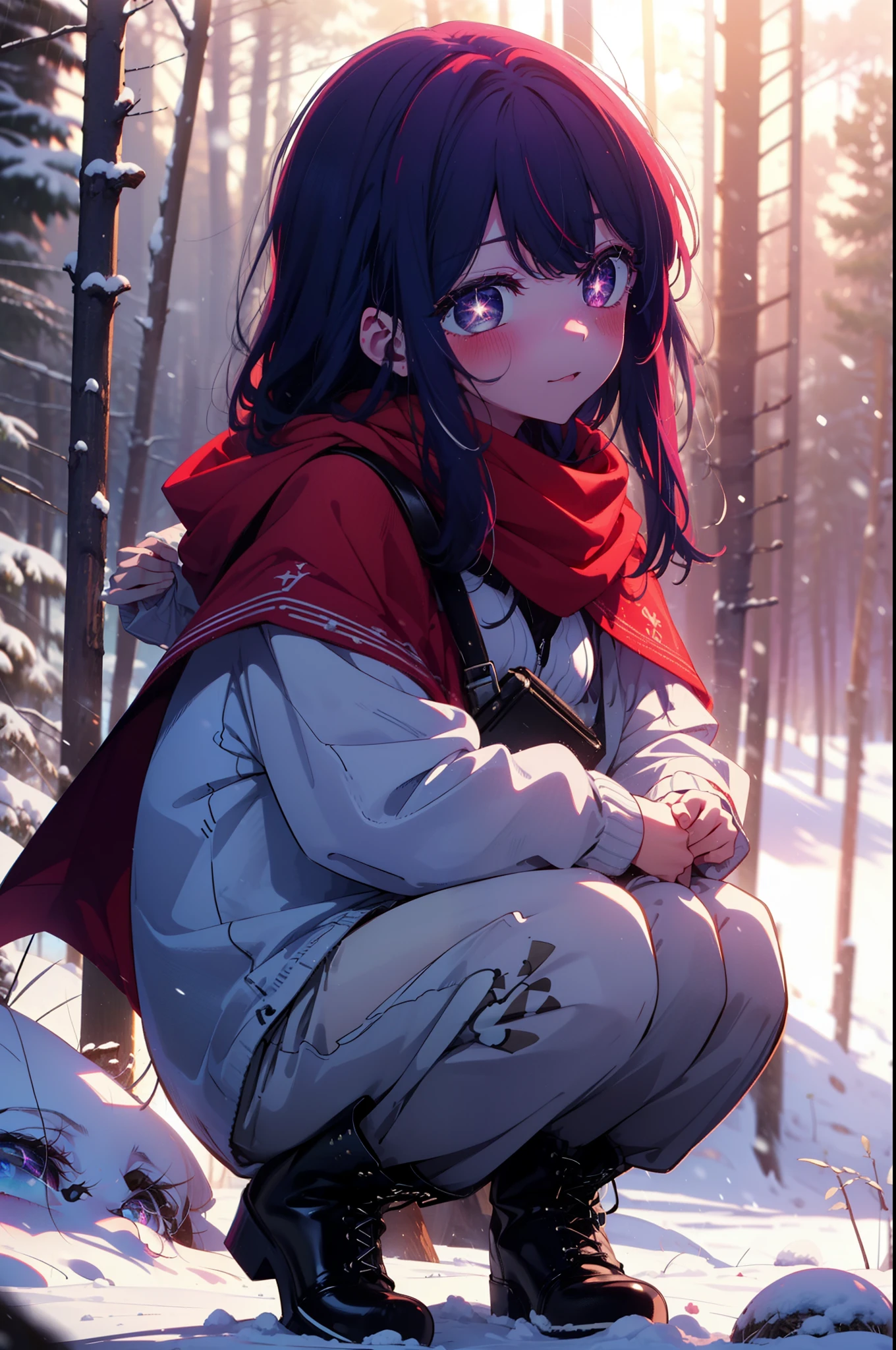 aihoshino, Ai Hoshino, Long Hair, bangs, (Purple eyes:1.1), Purple Hair, (Symbol-shaped pupil:1.5), smile,,smile,blush,White Breath,
Open your mouth,snow,Ground bonfire, Outdoor, boots, snowing, From the side, wood, suitcase, Cape, Blurred, , forest, White handbag, nature,  Squat, Mouth closed, Cape, winter, Written boundary depth, Black shoes, red Cape break looking at viewer, Upper Body, whole body, break Outdoor, forest, nature, break (masterpiece:1.2), Highest quality, High resolution, unity 8k wallpaper, (shape:0.8), (Beautiful and beautiful eyes:1.6), Highly detailed face, Perfect lighting, Highly detailed CG, (Perfect hands, Perfect Anatomy),