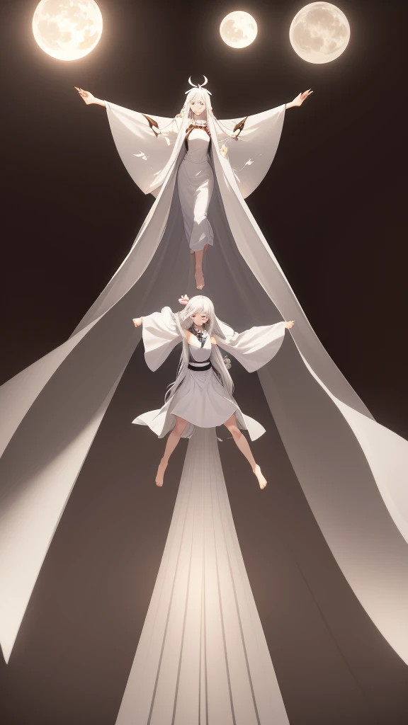 1 girl, silver hair, white eyes, white skin, smile, long hair, flying, floating in the air, white sheet, white cloak, holding a lantern, Chinese lantern, night, moon