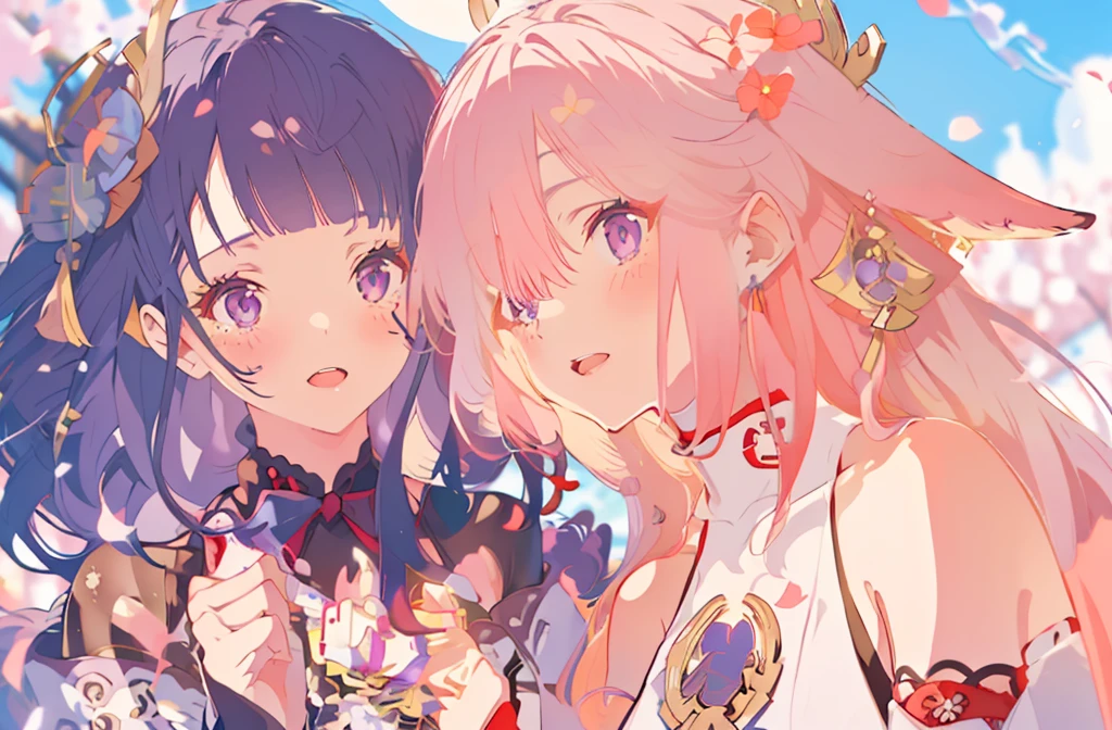 masterpiece, best quality,raiden shogun, multiple girls, 2girls, yae miko, pink hair, urple hair, japanese clothes, long hair,  animal ears,  hair ornament, fox ears, detached sleeves, kimono, ((birthday cake)), japanese temple, japan, sakura petals