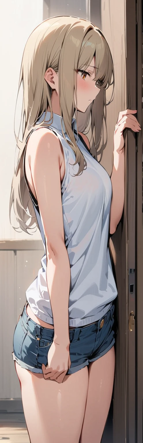 (masterpiece, best quality:1.2), 1 Girl, Solitary,permanent_,
Long hair, white sleeveless vest,Blue denim shorts