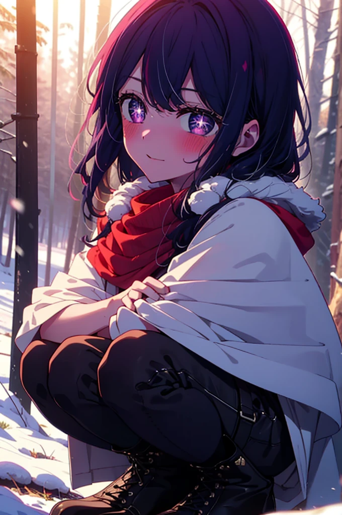 aihoshino, Ai Hoshino, Long Hair, bangs, (Purple eyes:1.1), Purple Hair, (Symbol-shaped pupil:1.5), smile,,smile,blush,White Breath,
Open your mouth,snow,Ground bonfire, Outdoor, boots, snowing, From the side, wood, suitcase, Cape, Blurred, , forest, White handbag, nature, Squat, Mouth closed, Cape, winter, Written boundary depth, Black shoes, red Cape break looking at viewer, Upper Body, whole body, break Outdoor, forest, nature, break (masterpiece:1.2), Highest quality, High resolution, unity 8k wallpaper, (shape:0.8), (Beautiful and beautiful eyes:1.6), Highly detailed face, Perfect lighting, Highly detailed CG, (Perfect hands, Perfect Anatomy),