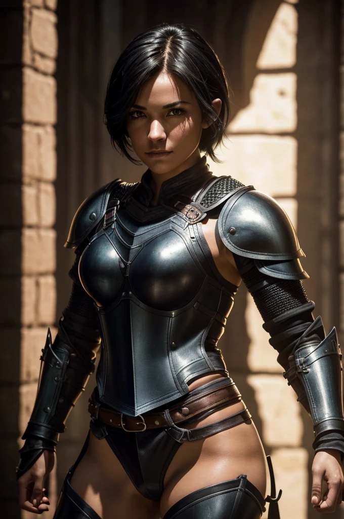 A beautiful female rogue, short black hair, Dungeons and Dragons aesthetic, (((skimpy sexy leather armour))), slim and athletic, high detail face, high detail skin, 8, HDR, high resolution, photo-realistic, cinematic lighting, depth of field, bokeh, rim lighting, backlit, cool colours, night