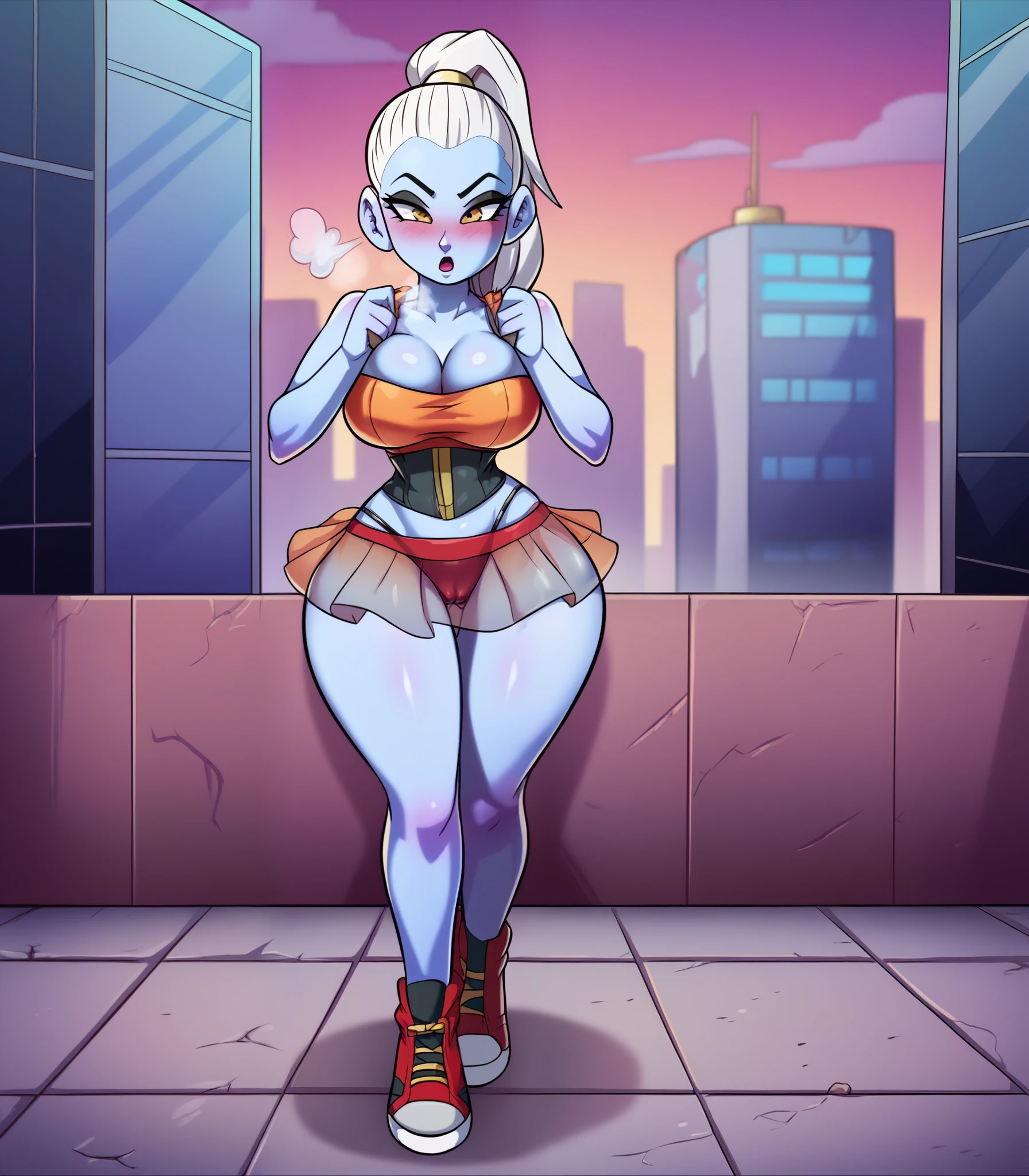 Facing away from camera, looking over shoulder, full body visible, Blue skin, vados, white hair, 1girl, background, blush, red hair, big breasts, tomboy, one short pigtail, nighttime, hot breath, open mouth, dimmed lighting, standing, city, big ass, wide hips, toned body, tube top, underboob, cleavage, transparent micro skirt, ass cleavage, butt cleavage, midriff, prostitute, black eyeshadow, (detailed fingers), thong peek, corset, cleavage, ass, no bra, 5 fingers, pussy, cameltoe, pussy showing
