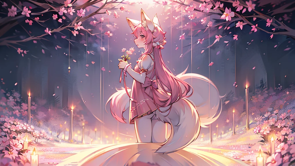 Nine snow-white fox tails (1.0), Milky white fox tail (1.0), Nine-tailed fox close-up, Nine Tails, Nine Tails, Pink Hair、Wearing a pink dress、Anime girl with flowers in her hair, very Beautiful anime fox girl, Beautiful anime fox girl, Beautiful fantasy anime, Gu Weiss, Anime girl with fox ears, Beautiful anime girl, Very beautiful and cute fox girl, Pink flower rain, Background blur, Anime style 4k, Anime Fantasy Artwork, 4k anime wallpaper, Guvez-style artwork