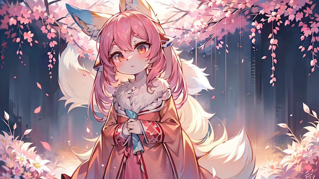 Nine snow-white fox tails (1.0), Milky white fox tail (1.0), Nine-tailed fox close-up, Nine Tails, Nine Tails, Pink Hair、Wearing a pink dress、Anime girl with flowers in her hair, very Beautiful anime fox girl, Beautiful anime fox girl, Beautiful fantasy anime, Gu Weiss, Anime girl with fox ears, Beautiful anime girl, Very beautiful and cute fox girl, Pink flower rain, Background blur, Anime style 4k, Anime Fantasy Artwork, 4k anime wallpaper, Guvez-style artwork