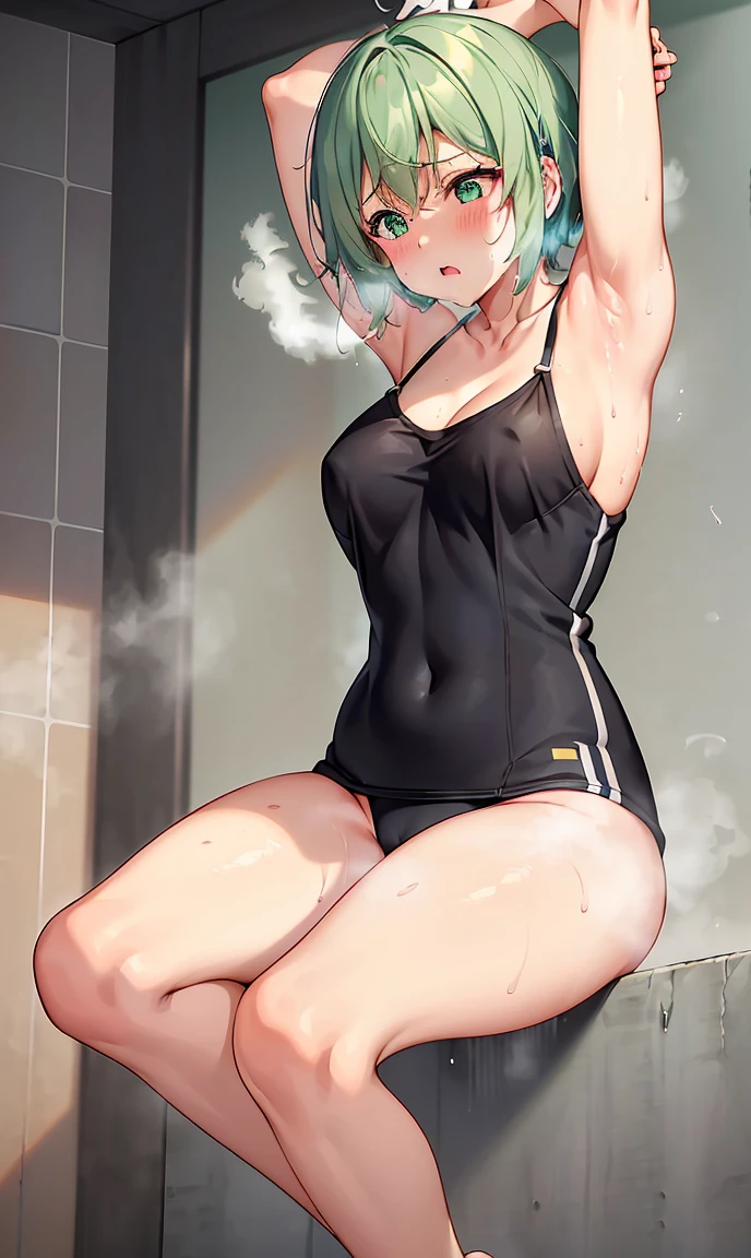 Girl with short green hair, The chest is medium, Green Eyes, 、(tits),Full body photo from head to toe,、cloth、(Clear Face)(Best Quality, High resolution, Super detailed),, (Vivid and colorful, The chest is clearly in focus),(Soft Breasts:1.2、,、、Exposed chest,Full body photo from head to toe,、White sweat all over the body,Sweaty、M-shaped legs,Hot Yoga、stretch、Training wear、Spread your legs and stretch your legs、New Gymnastics、Hot Yoga、Steam-filled room、burn、Heavy breathing、Harsh posture、((Overbreathing))、mouth breathing