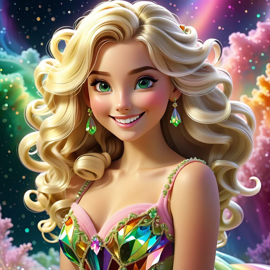 Beautiful girl 20 years old ,smile,eyes are green ,bright makeupcartoon image of a blonde with long hair and a golden dress, Rossris global illumination, Rossris volumetric lighting, fabulous gorgeous lighting, Rossris cartoon vibrant, beautiful digital images, Rossris 2. 0, beautiful Elsa, stunning digital illustration, :: Rossris, Rossris 1. 0, Luminous details!, 8k art ,rainbow colors,Romantic nature,Curls,fairy kingdom,light white and light pink,The atmosphere is very good,wool. 3d. rainbow colors. The Vibrant Beauty of the Universe. Surrealism in the reflections of a multi-colored nebula. Crystal texture,translucent,crystal