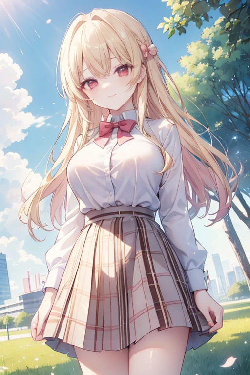 Show your chest,Kaori Hojo, girl, (masterpiece: 1.1), (highest quality: 1.1), upper body shirt, (white shirt: 1.1), (plaid skirt: 1.1), high waist skirt, rest [green grass : pink , :0.5] theme, (Urban background: 1.1), denim lenses, break blonde brown , long, red eyes, view, , long low, girl, big breasts,smiled mischievously 