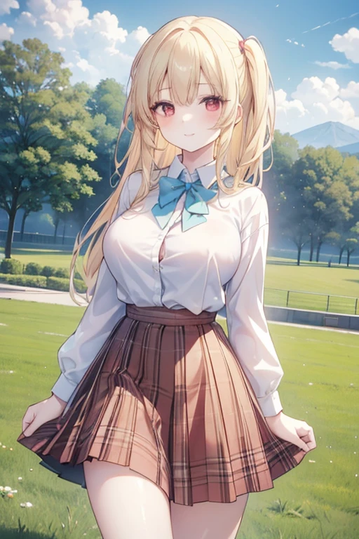 Show your chest,Kaori Hojo, girl, (masterpiece: 1.1), (highest quality: 1.1), upper body shirt, (white shirt: 1.1), (plaid skirt: 1.1), high waist skirt, rest [green grass : pink , :0.5] theme, (Urban background: 1.1), denim lenses, break blonde brown , long, red eyes, view, , long low, girl, big breasts,smiled mischievously 