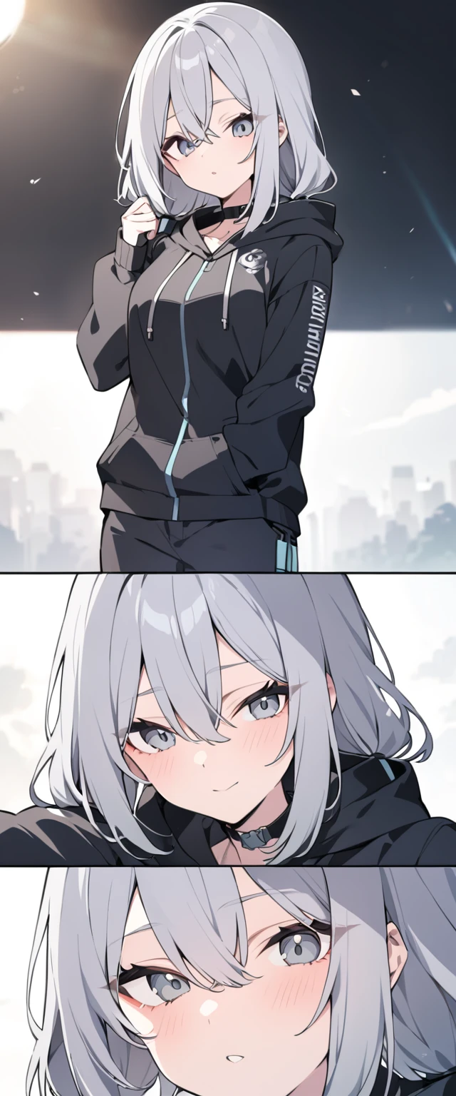 Gray hair(It's about to go to the waist) ・Large breasts(AND~About F) ・Looking up ・Teasing but looking a little embarrassed ・A