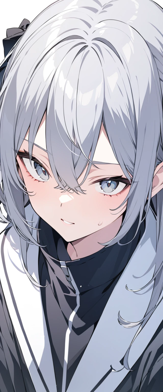 Gray hair(It's about to go to the waist) ・Large breasts(AND~About F) ・Looking up ・Teasing but looking a little embarrassed ・A