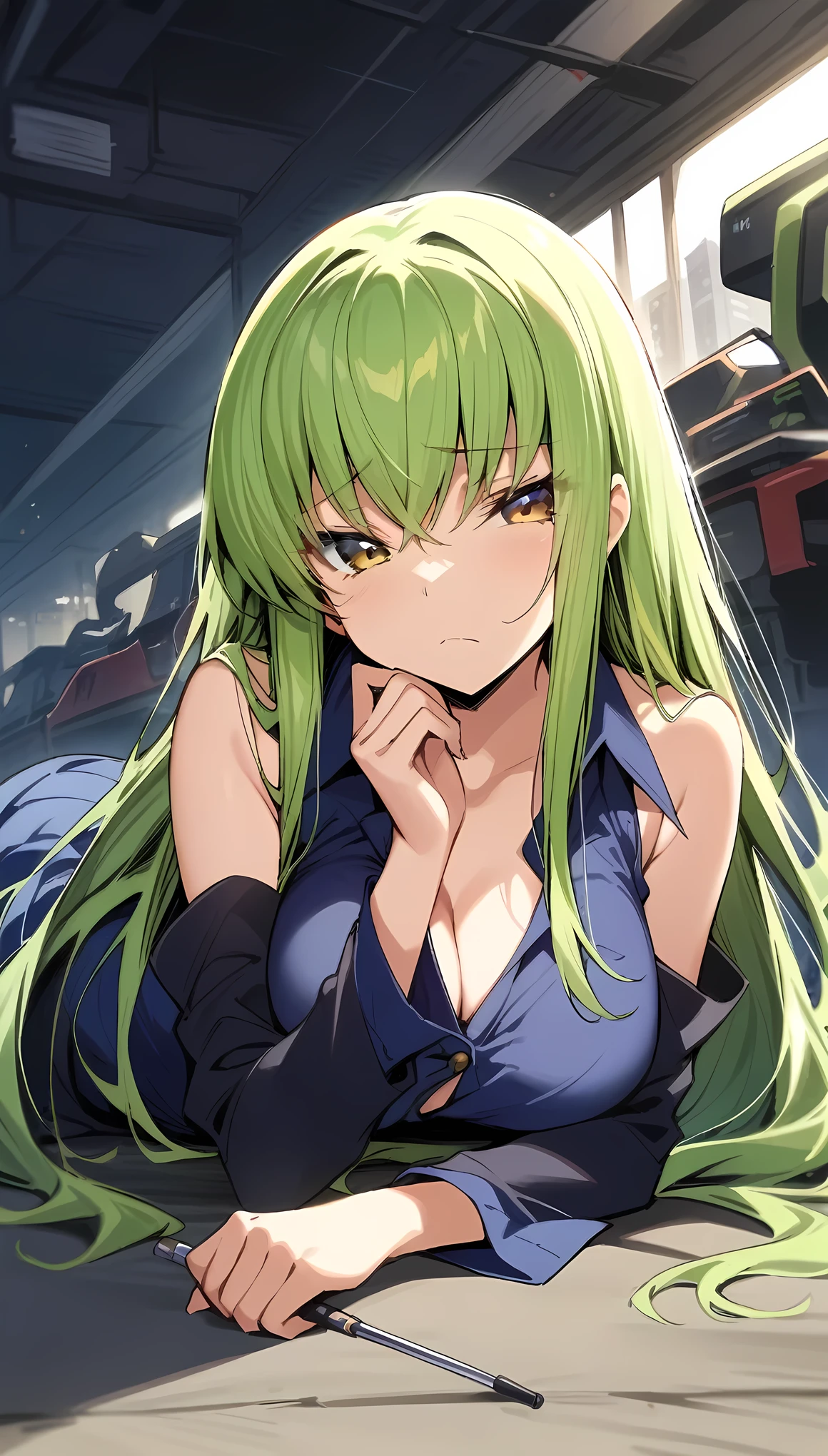 masterpiece, best quality, very aesthetic, absurdres,1girl, ,c.c(code_geass), 1girl, crossed_bangs, eyes_visible_through_hair, green_hair, medium_breasts, straight_hair, very_long_hair, yellow_eyes,,aqua_bowtie,blue_shirt, blue_skirt, detached_sleeves, dutch_angle,miniskirt, sleeveless_shirt,,frown, furrowed brow, wince,in recreational machine hall,lying on stomach,floating_hair