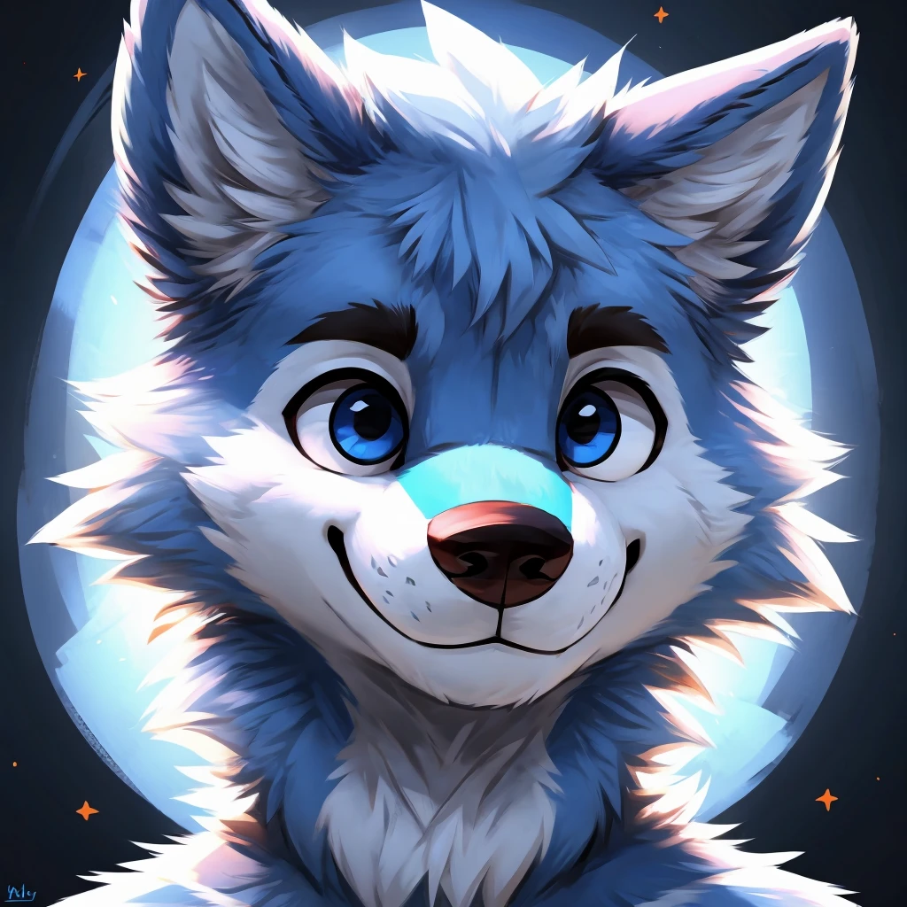 a cute and anthropomorphic blue colored fur wolf, closed smile, he has one eye with red and the other is blue, headshot, high quality furry art.