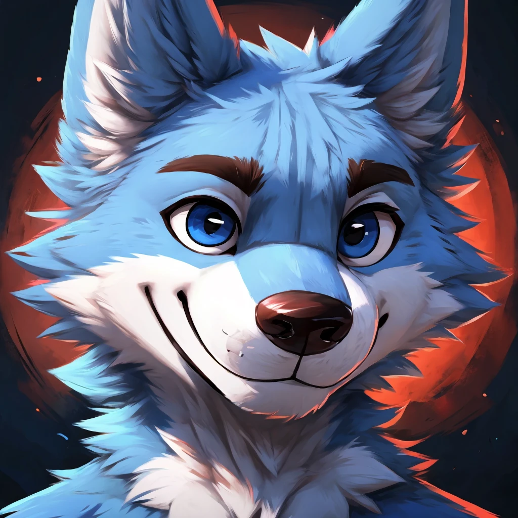 a cute and anthropomorphic blue colored fur wolf, closed smile, he has one eye with red and the other is blue, headshot, high quality furry art.