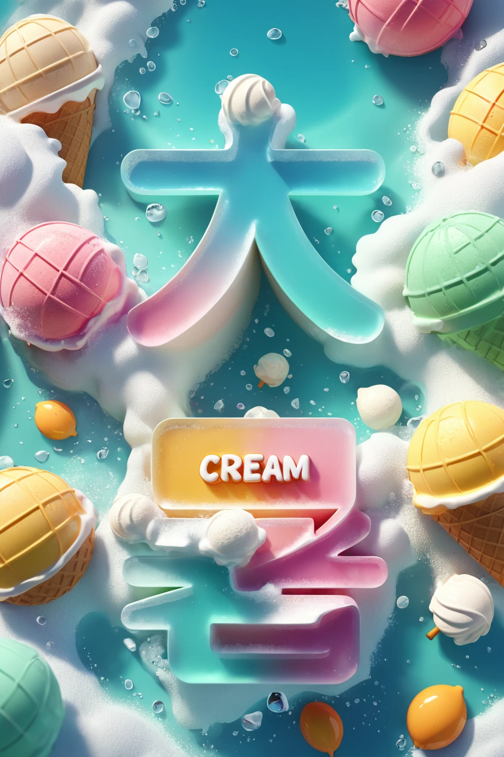 ice cream text design, cartoony, summer beach background, ice cube, Special features, Octane rendering and blender, hyper quality, clear features, Ultra HD and 8K resolution, Fresh hand drawn illustration