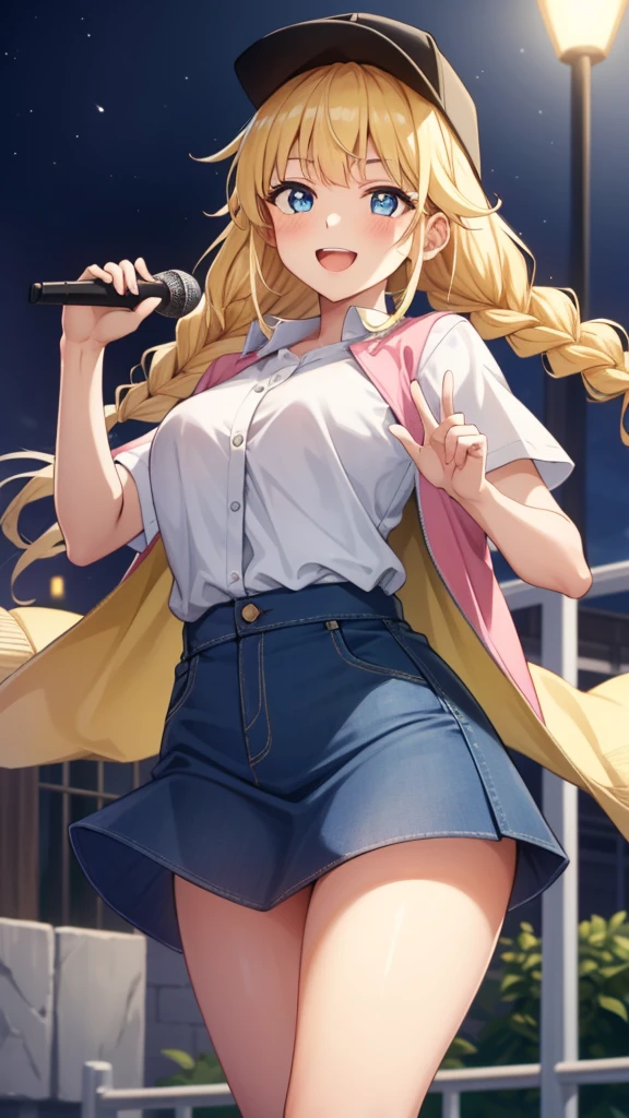 {{{masterpiece}}}, {{{best quality}}}, {{ultra-detailed}}, {illustration}, {{an extremely delicate and beautiful}}, (beautiful detailed eyes:1.6), extremely detailed face, 8k, anime face, Eiko Tsukimi(Ya Boy Kongming!), 1girl, solo, long hair, twin braids, braid, blonde hair, bangs, blush, hat, black headwear, baseball cap, blue eyes, medium breasts, thin waist, big hips, curvaceous, plump thighs, open clothes, denim, shirt, denim skirt, white shirt, shirt tucked in, short sleeves, microskirt, blue microskirt, multicolored jacket, BREAK, singing on the street, hold the microphone with both hands, sing, sorriso alegre, looking at viewer, outdoor, night, crowd of people