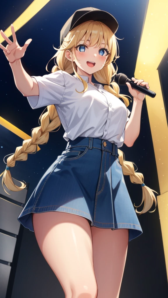 {{{masterpiece}}}, {{{best quality}}}, {{ultra-detailed}}, {illustration}, {{an extremely delicate and beautiful}}, (beautiful detailed eyes:1.6), extremely detailed face, 8k, anime face, Eiko Tsukimi(Ya Boy Kongming!), 1girl, solo, long hair, twin braids, braid, blonde hair, bangs, blush, hat, black headwear, baseball cap, blue eyes, medium breasts, thin waist, big hips, curvaceous, plump thighs, open clothes, denim, shirt, denim skirt, white shirt, shirt tucked in, short sleeves, microskirt, blue microskirt, multicolored jacket, BREAK, singing on the street, hold the microphone with both hands, sing, sorriso alegre, looking at viewer, outdoor, night, crowd of people