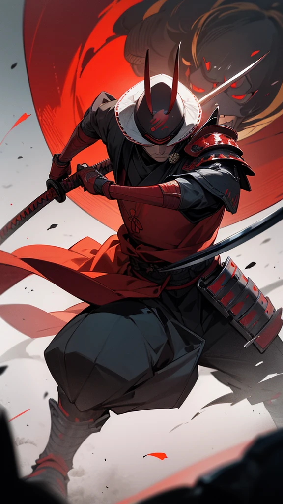 "1man, samurai, wearing red armor and kabuto, face not visible, holding katana, battlefield background, highly detailed, 8k, dramatic lighting"