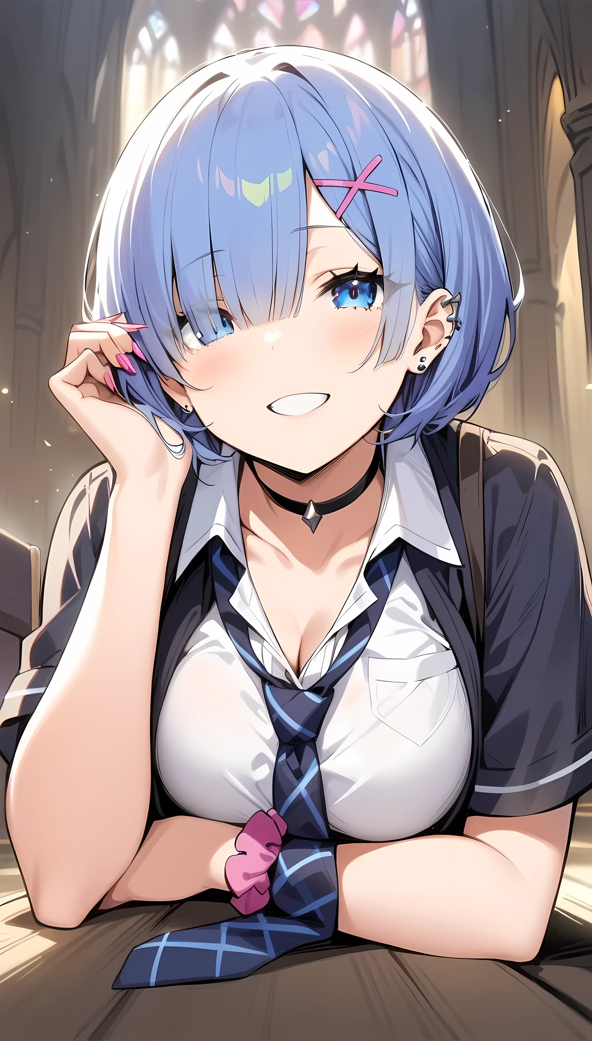 masterpiece, best quality, very aesthetic, absurdres,1girl, ,rem_(re:zero), re:zero_kara_hajimeru_isekai_seikatsu, 1girl, blue_eyes, short_hair, blue_hair, hair_over_one_eye, asymmetrical_bangs, x_hair_ornament, black_hair, blunt_bangs, breasts, hairband,,piercing, earrings, ear piercing, stud earrings, black choker, loose necktie, school uniform, white collared shirt, blue skirt, pleated skirt, plaid skirt, wrist scrunchie, long fingernails, pink nails, nail art,,grin,in a church,cathedral,lying on stomach,floating_clothes